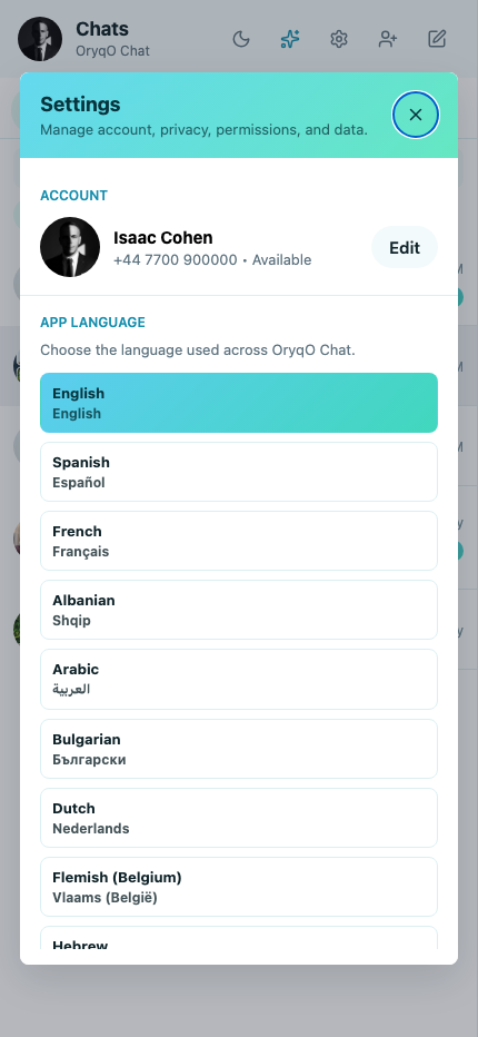 OryqO Chat settings and profile preview
